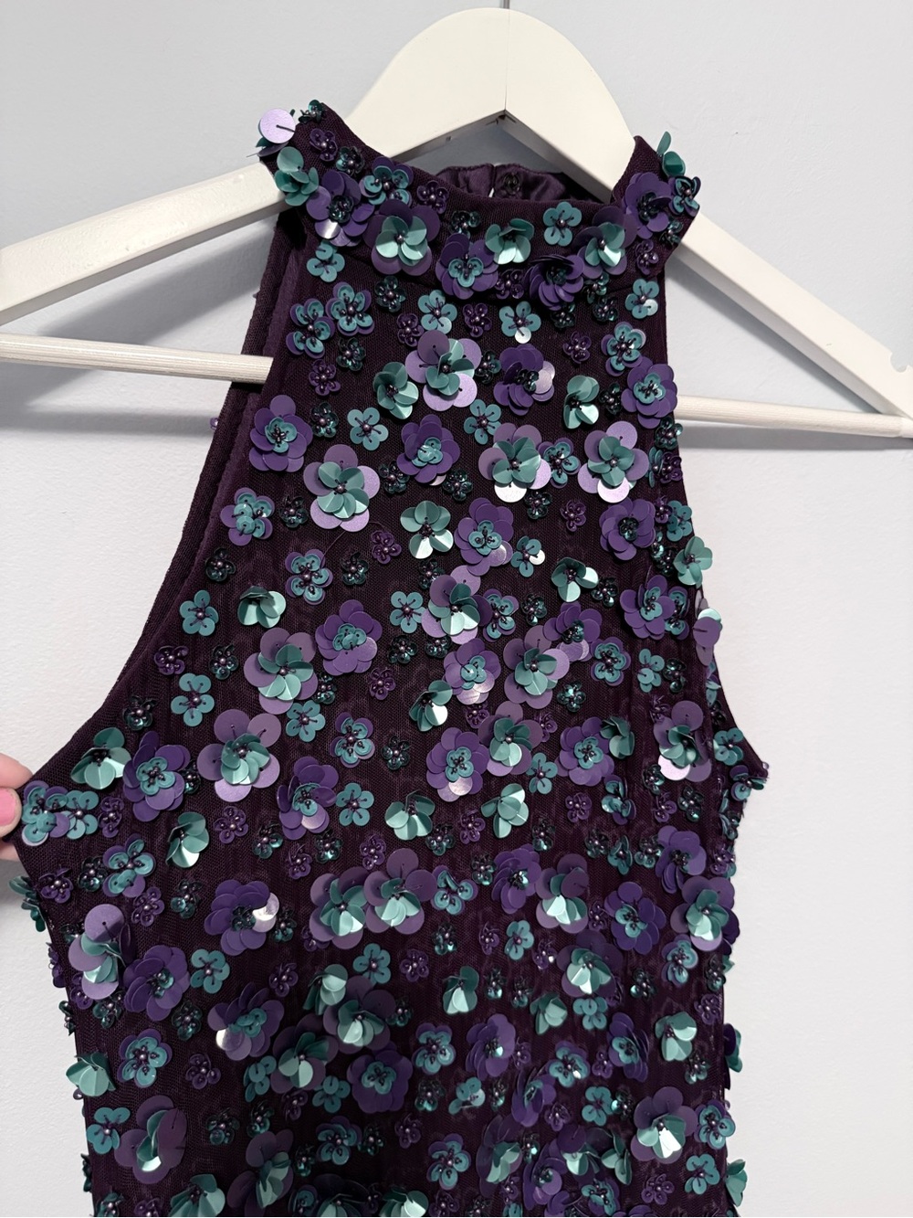 Emily Shalant Beaded Floral Sequined Halter Dress - Purple & Teal Accents